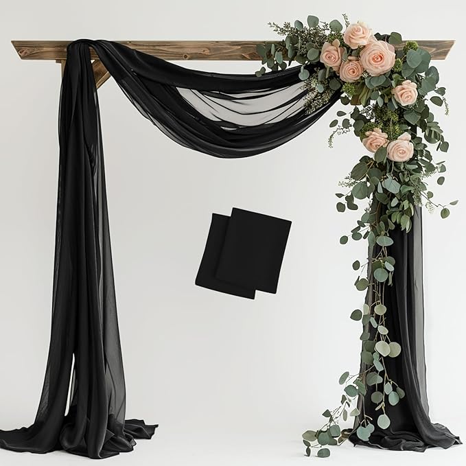 Wedding Arch Draping Fabric 2 Panels 28.7" x 20FT Black Sheer Chiffon Backdrop Drapes for Wedding Ceremony Birthday Party Bridal Shower Outdoor Decoration
