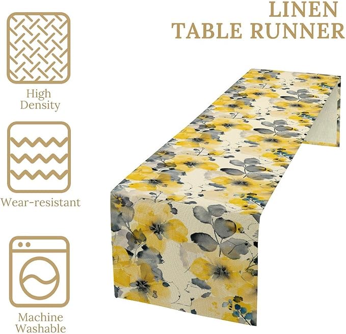 Floral Table Runner,Yellow Flowers Spring Print Table Cloth Kitchen Dining Table Home Party Decoration 13x60 Inch
