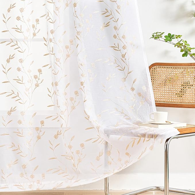 Sheer Curtains Embroidery 63 Inch Length White-Beige Rod Pocket Voile Drapes for Living room, Bedroom, Window Treatments Semi Flower Pattern Curtain Panels for Yard, Farmhouse, Set of 2, 52"x 63".