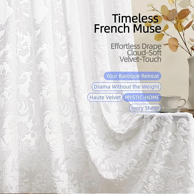 Sheer Curtains 84 Inch Length for Living Room & Bedroom Rod Pocket Boho Farmhouse Drapes with Scroll Floral Patterned 3D Flocked Texture & Rococo Motifs White Sheer Curtain Set of 2 Panels 52"W*84"L