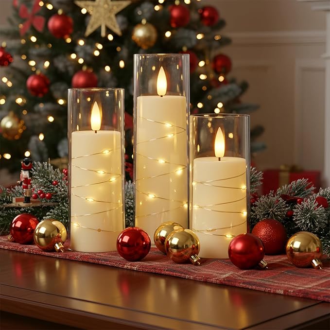 Raycare Flameless Candle with Remote Timer – 9 Flickering Acrylic Battery Operated LED Pillar Candles with Embedded Star String for Halloween, Home Decor, and as a Gift (Ivory)