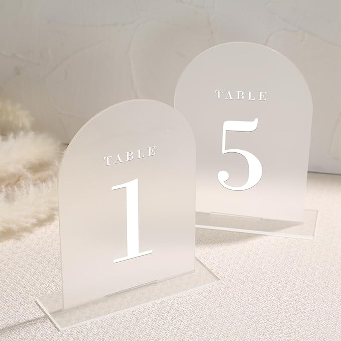 UNIQOOO Frosted Arch Wedding Table Numbers with Stands 1-15, 5x7" Acrylic Display Signs and Holders, Pack of 15, Perfect for Centerpiece, Reception, Decoration, Party, Anniversary, Event