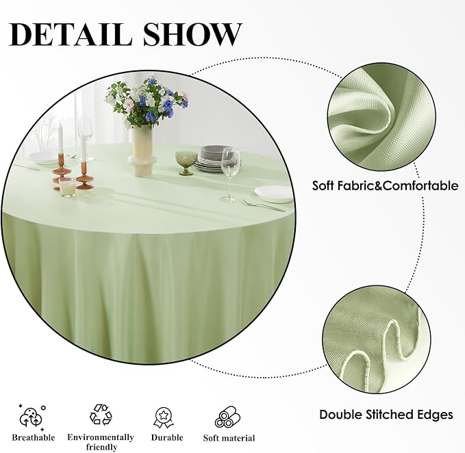 Round Tablecloth 132 Inch 2 Pack Sage Green Tablecloths Washable Decorative Linen Polyester Table Clothes Cover for Dining Table Banquets Buffet Parties and Wedding