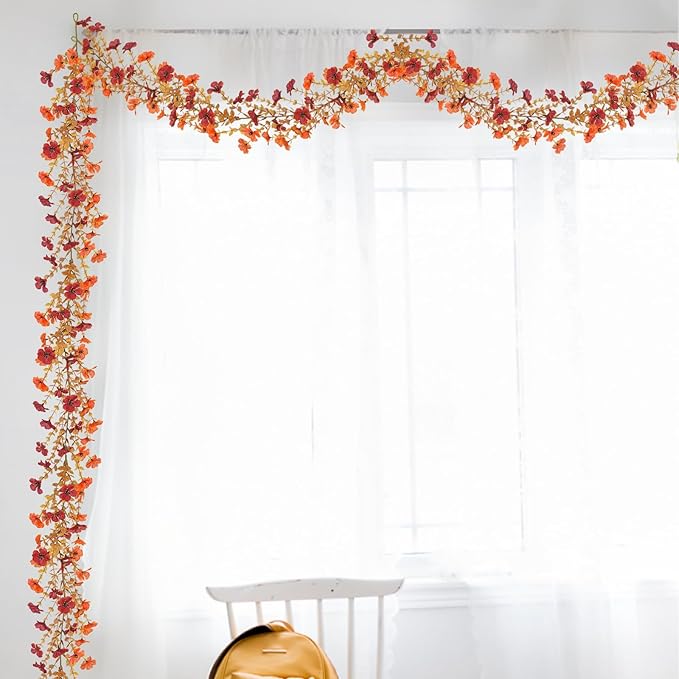 2 Pack Artificial Fall Flowers Garland, 6 FT Fall Decorations UV Resistant Fake Mums Floral Vines Faux Hanging Flower Ivy Garland for Home Party Table Wall Mantel Decor (Orange + Dark Red)