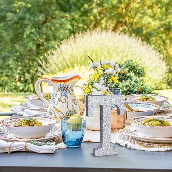 TONIFUL 8 Inch Silver Glitter Letter T Table Centerpiece A-Z Silver Birthday Party Decorations,Silver Alphabet T for Birthday,Chrismas,Graduation,Bridal Shower,Wedding,Anniversary Party Supplies
