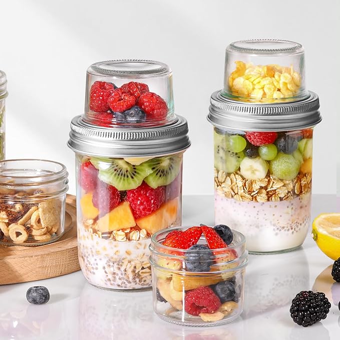 ComSaf 2-Pack 20 oz Overnight Oats Containers with Lids On-The-Go Dual-Laryer Yogurt Parfait Cups with Dry and Wet Separation Mason Jars for Chia Pudding Cereal Nut Fruit Meal Prep Salad