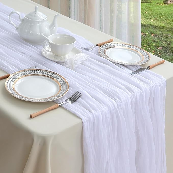 12 Pack White Cheesecloth Table Runner 10ft Boho Gauze Fabric Cheese Cloth Table Runner 35 x 120 Inch Rustic Sheer Runner for Romantic Wedding Decor Baby Shower Party Table Centerpiece Decoration