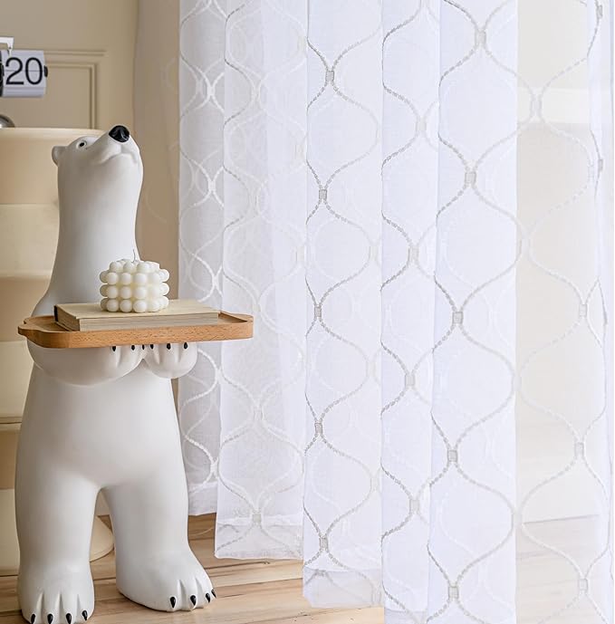 Sheer Curtains White 45 Inches,Wavy Diamond Embroidered Rod Pocket Voile Drapes for Living room, Bedroom, Window Treatments Semi Crinkle Curtain Panels for Yard, Patio, Parlor, 2 Panels, 52"x 45".