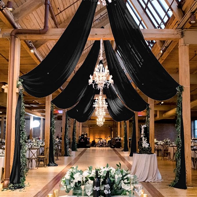MODFUNS Black Ceiling Drapes for Weddings 2 Panels 5x20 FT Chiffon Wedding Arch Drapes Sheer Curtains Ceiling Decorations Tulle Drapery for Ceremony Archway Draping Fabric for Hallway Tent Stage Party