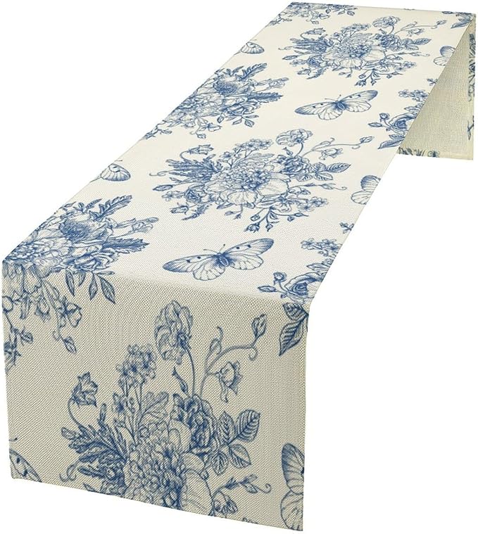 Monochrome Sketch Flowers Table Runner, Seasonal Spring Fall Plants Blue Florals Butterfly Dinner Runner for Home Kitchen Dining Table Party Holiday Decoration 13"x36"