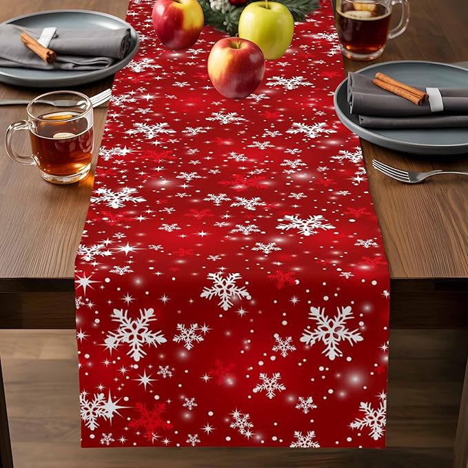 Christmas Snowflakes Cotton Linen Table Runner for Dining Kitchen, Red Xmas Winter Snow Wedding Outdoor Party Tablerunners Decoration, New Year Dresser Scarf Coffee Tablecloth Runners 13x48 Inches