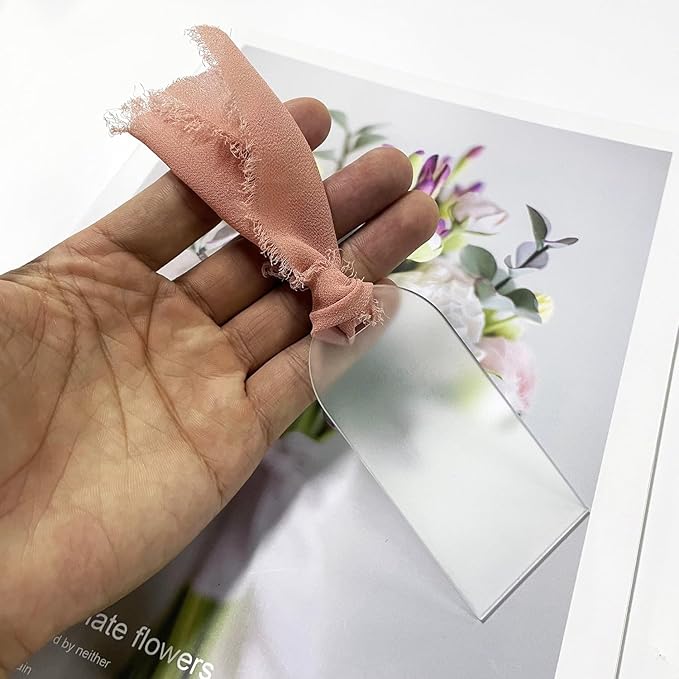 50Pcs Acrylic Place Card for Wedding Frosting Acrylic DIY Table Seating Cards Wedding Supplies with Rose Ribbon