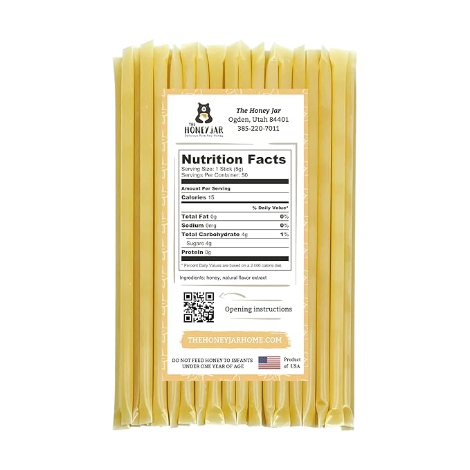The Honey Jar Vanilla Flavored Honey Sticks - Pure Honey Straws For Tea, Coffee, or a Healthy Treat - One Teaspoon of Flavored Honey Per Stick - Made In The USA with Real Honey - (50 Count)