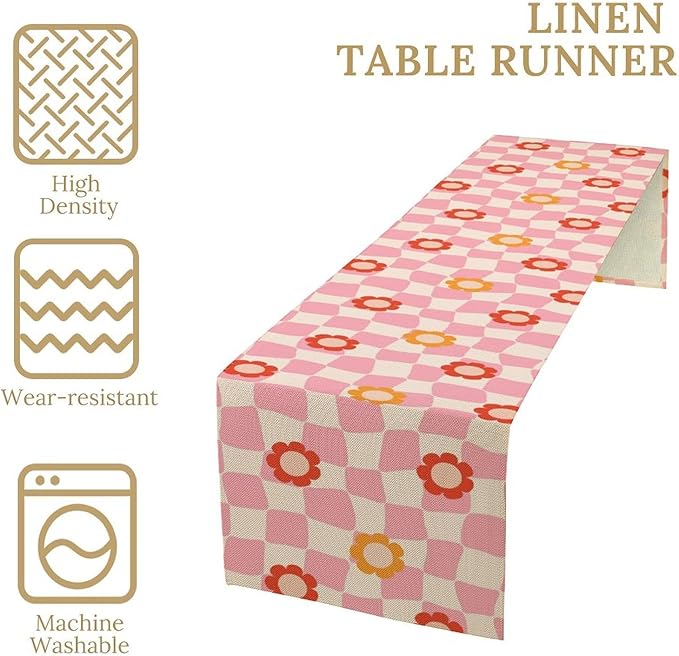 Vintage Floral Table Runner,60s Retro Color Funky Hippie Print Table Cloth Kitchen Dining Table Home Party Decoration 13x60 Inch