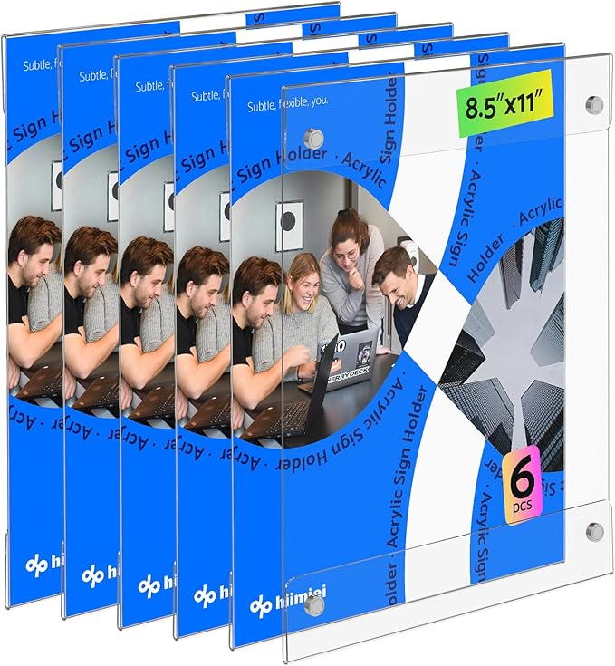 HIIMIEI Magnetic Acrylic Sign Holder 8.5 x 11 - Clear Document Paper Holders with 4 Corner Magnets, Vertical Photos Display Frames for Refrigerator, Office, Home, Classrooms (6 Pack)