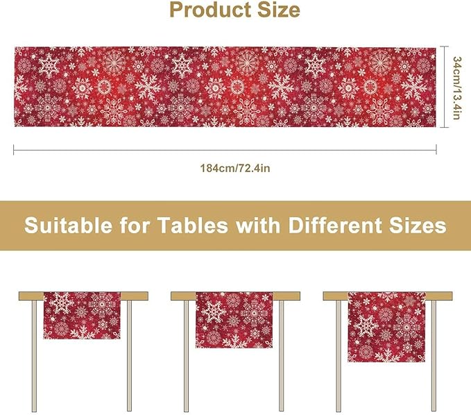 Snowflakes Christmas Table Runner, Winter Holiday Red Table Cloth Kitchen Dining Table Decoration for Home Party Decor 13x90 Inch