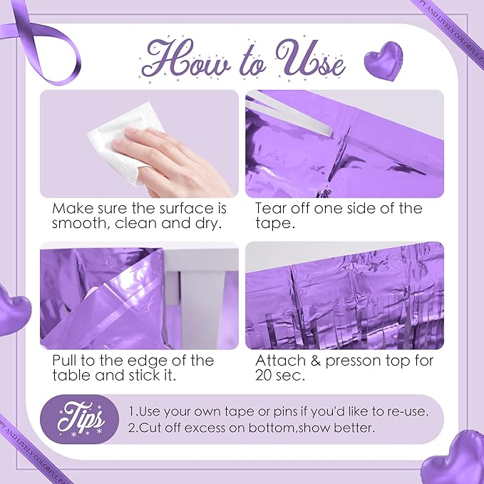 1 Pack Light Purple Table Skirts, 29x108" Metallic Foil Tinsel Fringe Table Skirts for Rectangle Tables Streamer Curtains Backdrop, Party Decorations for Birthdays Weddings Holidays