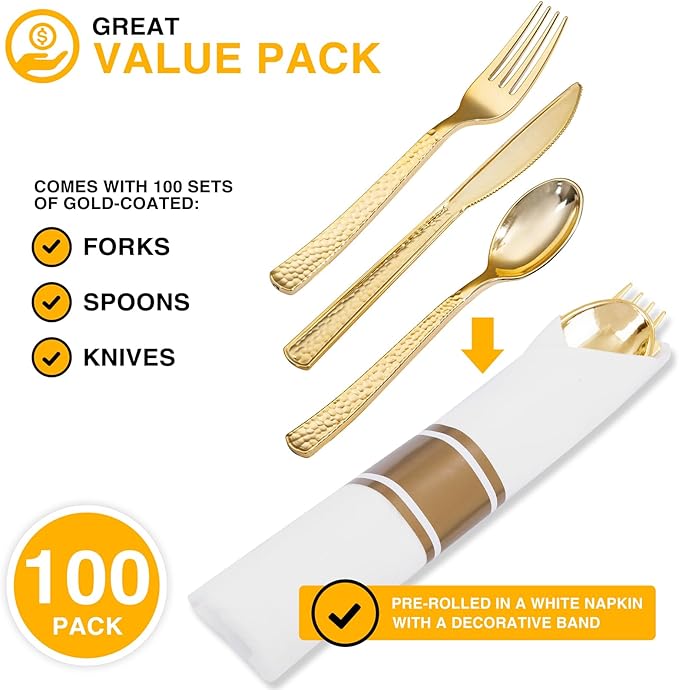 400PCS Pre Rolled Gold Plastic Silverware Sets - Heavy Duty Hammered Gold Cutlery Include 100 Pack Wrapped Disposable Utensils with Napkins for Parties, Dinners & Weddings
