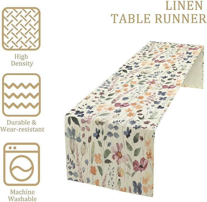 Watercolor Floral Table Runner, Vintage Colorful Floral Natural Style Pattern Decorative Home Restaurant Kitchen Rectangle Table Runner,13in（33cm） W * 90in（229cm） L