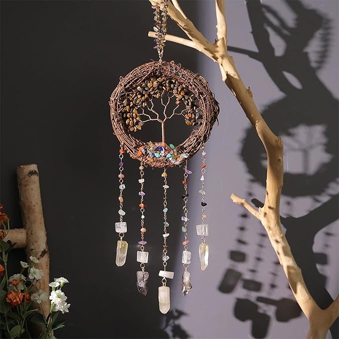 TUOKING Crystal Suncatchers for Window Tree of Life Brown Crystals Vine Wreath Sun Catchers Rainbow Maker Ornament Gift Home Garden Decoration