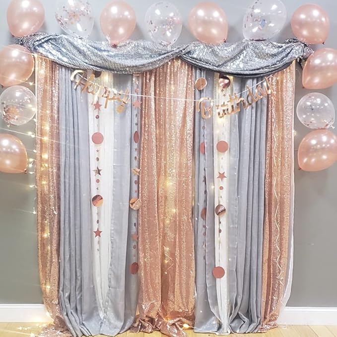 2ft x 8ft Rose Gold Sequin Backdrop Curtains Photography 2 Panels for Party Decoration, Rose Gold