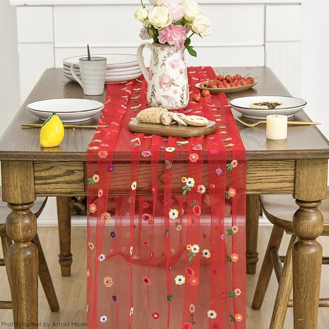 Artoid Mode 3PCS Red Embroidery Daisy Gauze Table Runner 120 Inch 10FT, Seasonal Sheer Dining Holiday Wedding Birthday Table Decor for Home Party