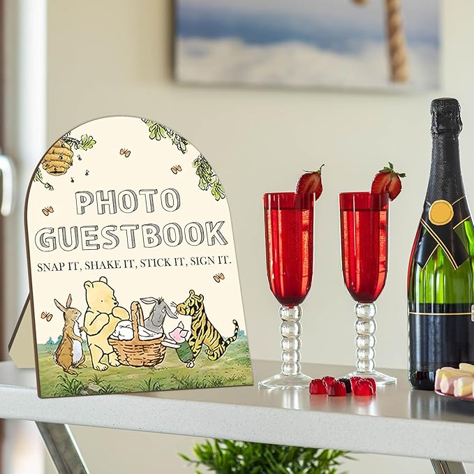 Winnie Wedding Photo Guestbook Desk Decor, The Pooh Photo Guestbook Wooden Sign, Baby Shower Party Decor, Wedding Party Supplies for Reception with Stand 8 * 10In