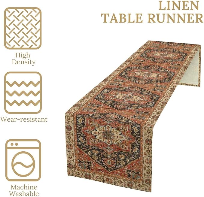 Vintage Boho Floral Table Runner, Rustic Country Farmhouse Orange Black Retro Flower Pattern for Home Kitchen Table Decor Dining Coffee Room Party Decor 13x90in
