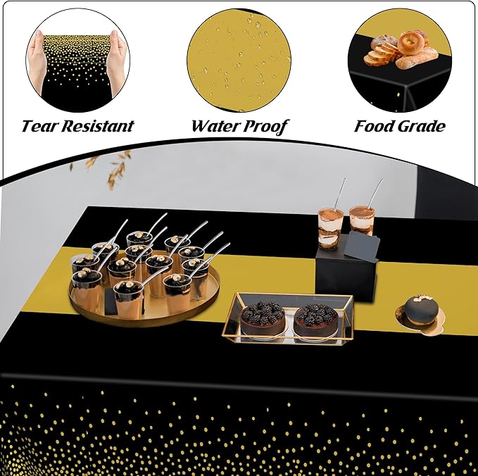4Pack Black and Gold Tablecloths for Events, 54" x 108" Plastic Table Cloth Disposable for Rectangle Tables, Waterproof Table Cloth Cover for New Years Eve Decorations Holiday Birthday Wedding Dining
