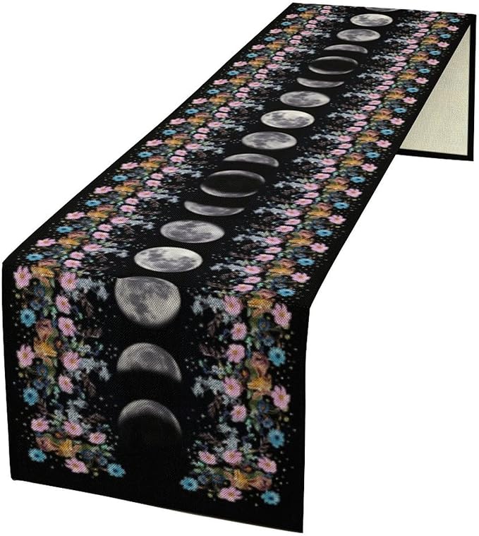 Boho Floral Moon Table Runner, Spring Flower Leaves Mystical Gothic Sun Moon Table Runner for Kitchen Dining Table Home Party,13x90 Inch Purple