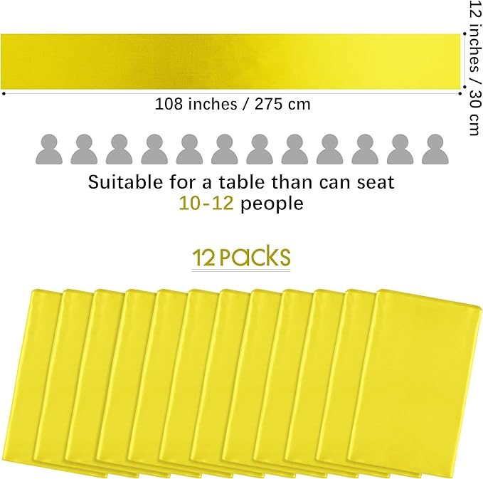 Aneco 12 Pack Satin Table Runner 12 x 108 Inch Yellow Long Wedding Satin Silk Table Runner for Wedding Banquet Graduations Birthday Party Decoration