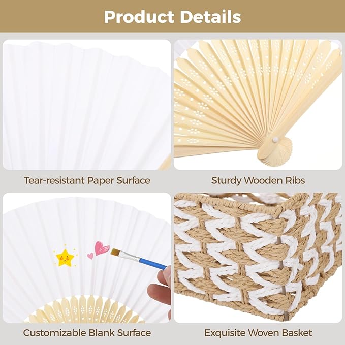 OMISTAR 100 Pcs White Paper Fans, Blank Folding Fan with 2 Storage Baskets, Customizable Wedding Fans, DIY Handheld Fan for Guests, Lightweight Craft Supplies for Party