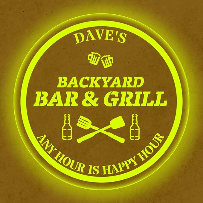 Custom Acrylic LED Bar Sign – Personalized Color Changing Wall Decor for Backyard Patio, Home Bar, Kitchen, or Man Cave (Bar & Grill, 12 INCHES)