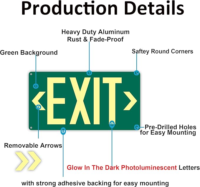 2Pack Photoluminescent Exit Sign Green - 14.25"x 7.5" Aluminum Glow In The Dark- Adhesive Backing- Includes 4pcs Removable Arrows