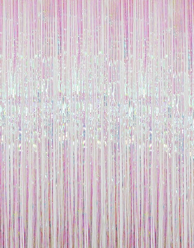GOER 6.4 ft x 9.8 ft Metallic Tinsel Foil Fringe Curtains,Pack of 2 Party Streamer Backdrop for Unicorn Birthday,Graduation Decorations and New Year Eve (Iridescent)