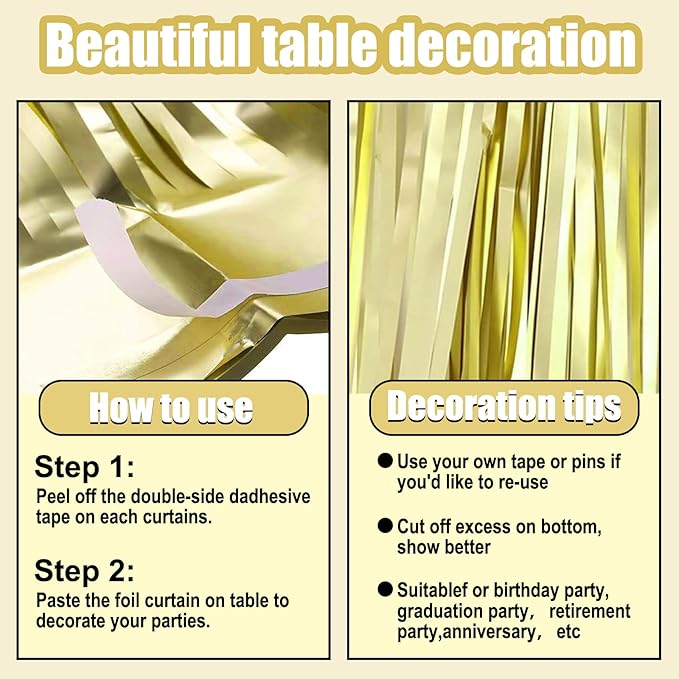 3 Pack 29 x108 Inch Light Gold Foil Fringe Table Skirts Metallic Banner for Tinsel Streamer Garland Backdrop for Parade Floats Wedding Thanksgiving Birthday Christmas New Year Party Decoration