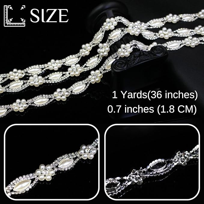 1 Yard Pearl Rhinestone Trim Chain Silver String Crystal Applique Fringe Ribbon Strips Beads Sewing Dress DIY Party Wedding Bouquet for Decoration Bridal Costume Embellishment