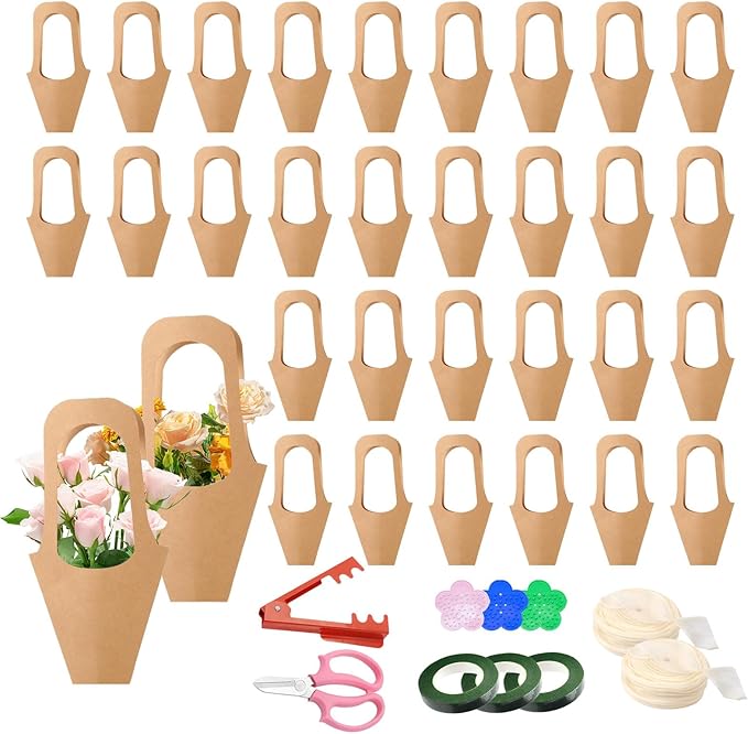 50Pcs 16.5" Kraft Paper Bouquet Bags with Handle, Florist Gift Wrapping Supplies Kit Includes Decorative Lace Ribbon, Floral Tape, Shears for Flower Arranging, Wedding, Party Decor