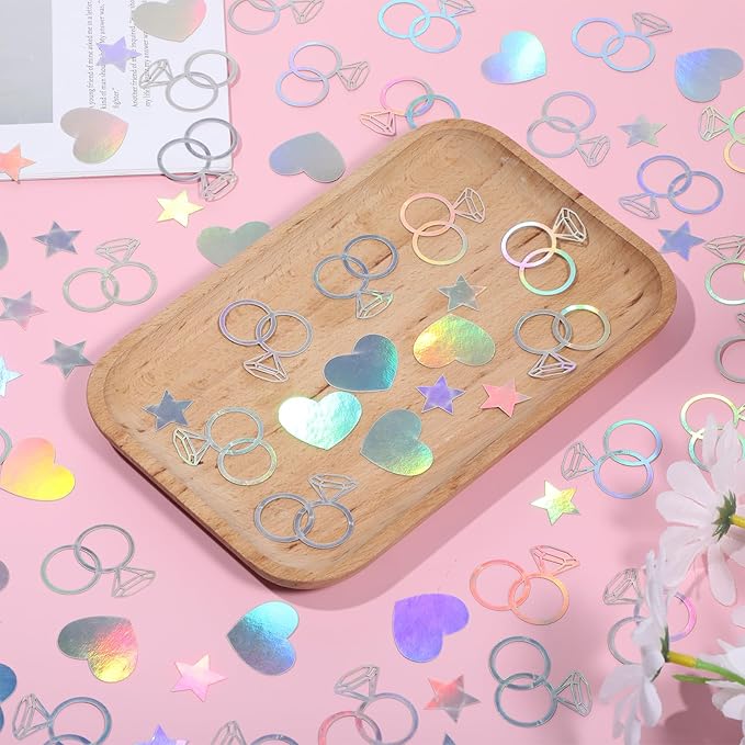 300 Pcs Iridescent Bachelorette Confetti, Bridal Shower Decoration Confettis, Wedding Decorations Diamond Ring Heart Star Table Confetti for Engagement Party Decorations, Bridal Shower supplies