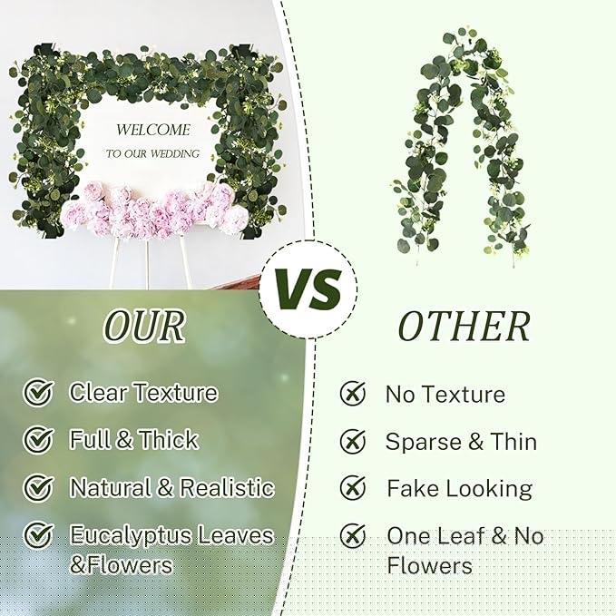 Eucalyptus Garland, 2 Packs 6FTGreen Flower Garland Decor, Artificial Faux Eucalyptus Leaves Greenery Vines for Table Runner Wedding Bedroom Mantle Centerpieces Backdrop Decorations