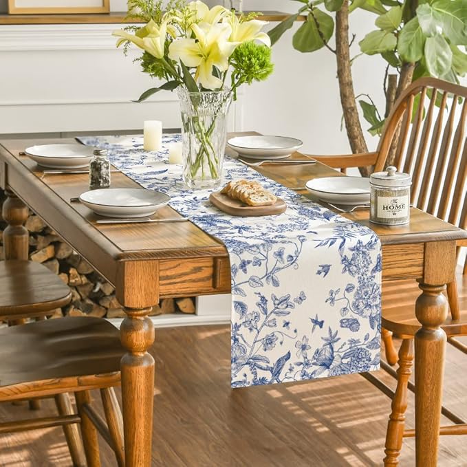 Artoid Mode Monochrome Sketch Birds and Flowers Spring Table Runner, Seasonal Summer Fall Kitchen Dining Table Decoration for Home Party Decor 13x36 Inch