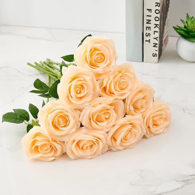 Artificial Rose 10pcs Open Flower Bouquet Faux Rose Stems for Wedding Arrangement, Bridal Bouquet, Centerpiece, Fake Faux Silk Flowers (Champagne)