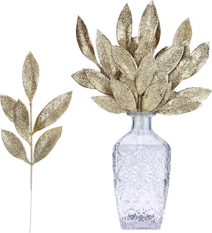 GREENTIME 12 Pack Artificial Light Golden Glitter Leaves 13" Fake Christmas Picks Decorative Glitter Sticks for Vase Christmas Tree DIY Wreath Crafts Fireplace Decor