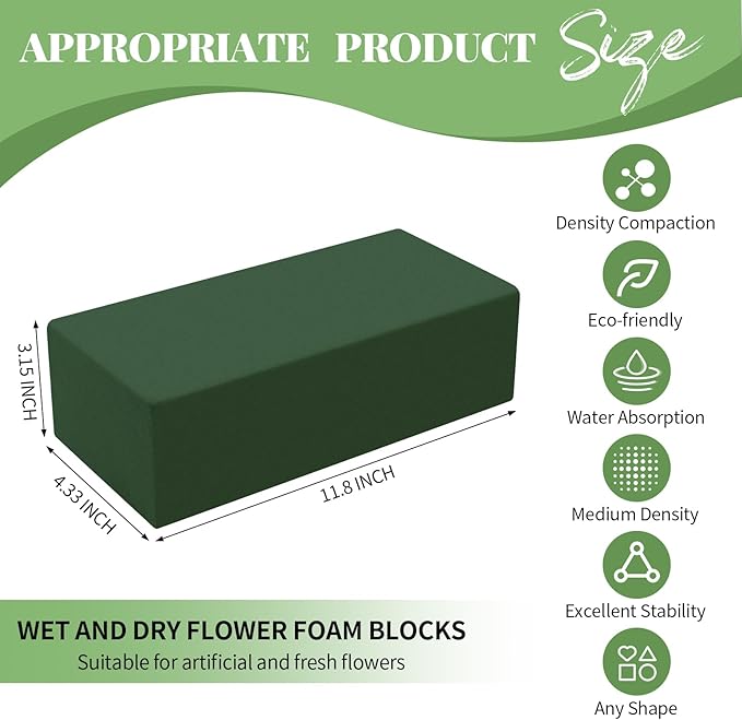 Aktor 8 Pcs Floral Foam Blocks for Fresh & Artificial Flower Arrangement, 8.8” x 4.1” x 2.7” Green Wet Foam for Wedding, Birthdays, Home, Office, and Garden Decorations