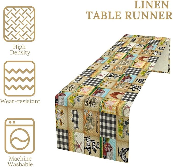 Farmhouse Animals Table Runner,Rustic Cabin Pig Chicken Cow Sunflowers Geometric Grids Burlap for Hotel Indoors Outdoor Dining Room Kitchen Holiday Party, 13x36in