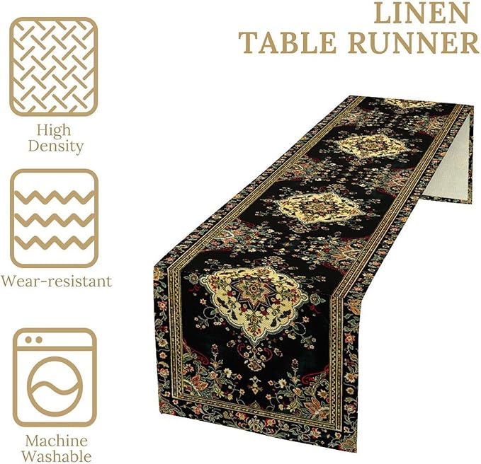 Colorful Boho Flower Table Runner, Vintage Rustic Farmhouse Paisley Hand Drawing Print Pattern for Home Kitchen Table Decor Dining Coffee Room Garden Party Decor 13x90in