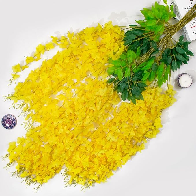 24 Pack Wisteria Hanging Artificial Flowers Fake Flowers Ratta Hanging Garland Silk Flowers String for Home Garden Party Wedding Backdrop Arch Decor (Yellow)