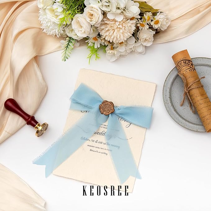 Baby Blue Dusty Blue Handmade Chiffon Ribbon,1.5" x 21Yd Frayed Silk Ribbons for Wreaths Bridal Flower Bouquet Christmas Gift Wrapping Wedding Decor Invitations Decorations (7Yards X 3 Rolls)
