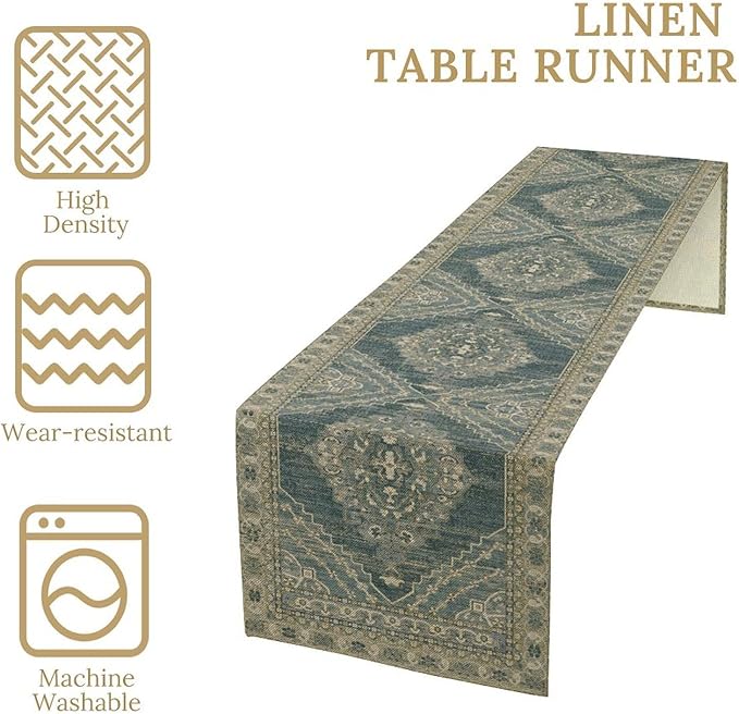 Boho Floral Vintage Table Runner, Blue Teal Retro Flower Rustic Country Farmhouse Pattern for Home Kitchen Table Decor Dining Coffee Room Party Decor 13x108in