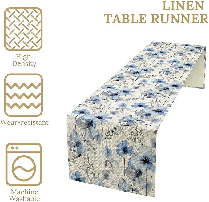 Watercolor Floral Table Runner, Blue Poppy Flower Seasonal Spring Summer Table Runner for Kitchen Dinning Table Runner Decor Home Wedding Party Holiday, 13x120 Inch
